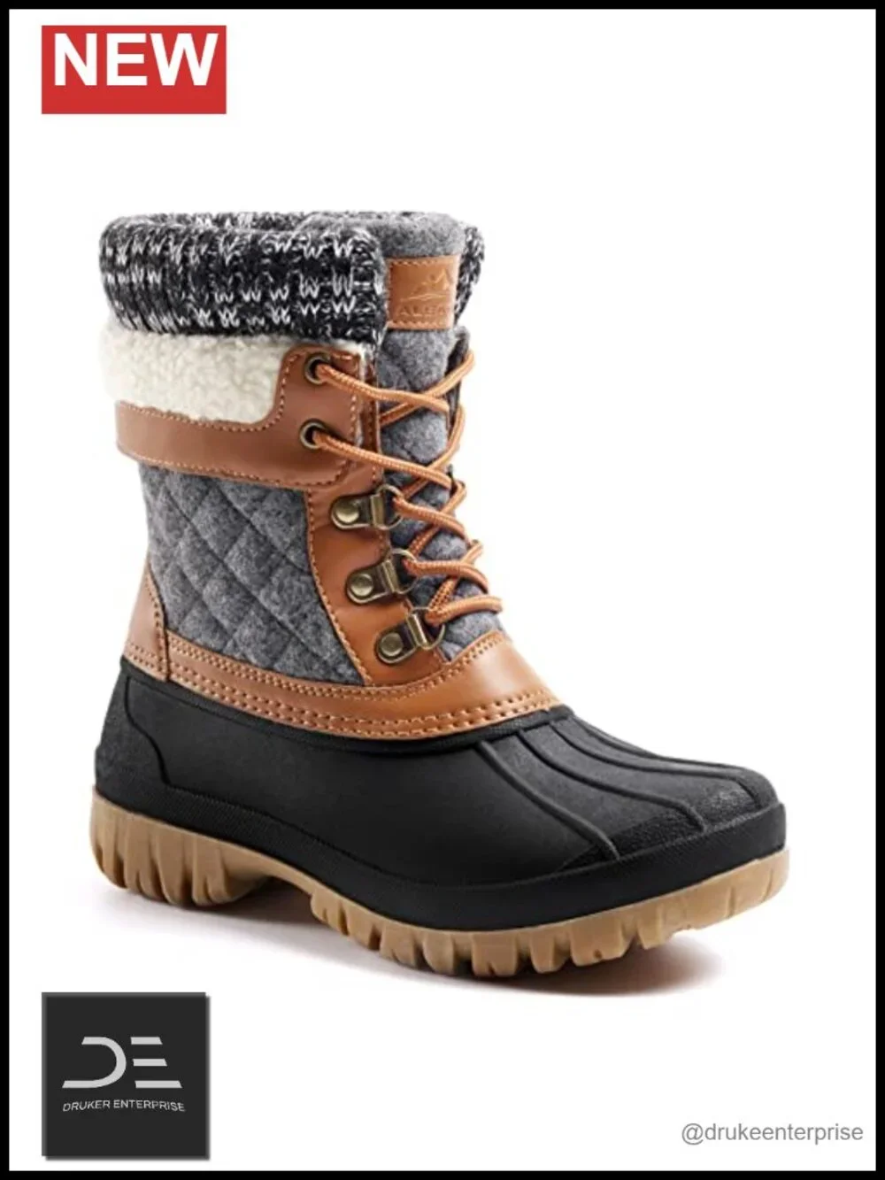 Waterproof Snow Boots with Buckle Straps - Faux Leather, Foldable, Lace-Up,